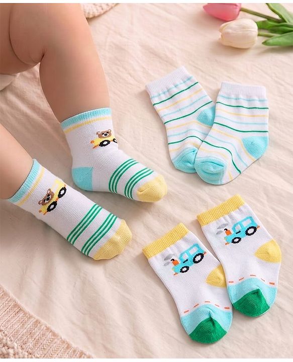 Cute Walk by Babyhug Knit Ankle Length Antibacterial Socks with Stripes & Car Design Pack of 3 - White