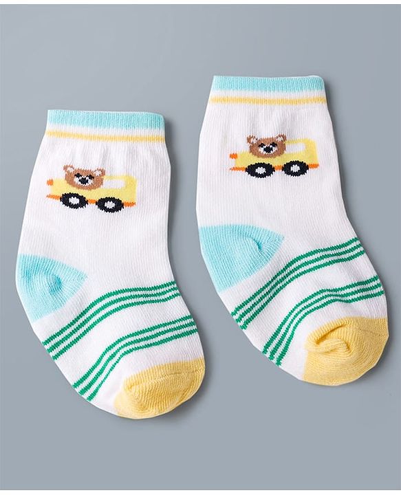 Cute Walk by Babyhug Knit Ankle Length Antibacterial Socks with Stripes & Car Design Pack of 3 - White