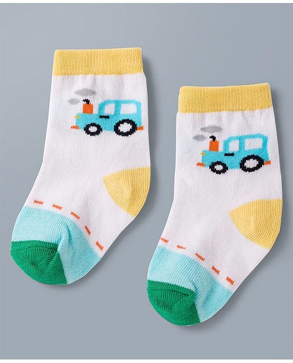 Cute Walk by Babyhug Knit Ankle Length Antibacterial Socks with Stripes & Car Design Pack of 3 - White