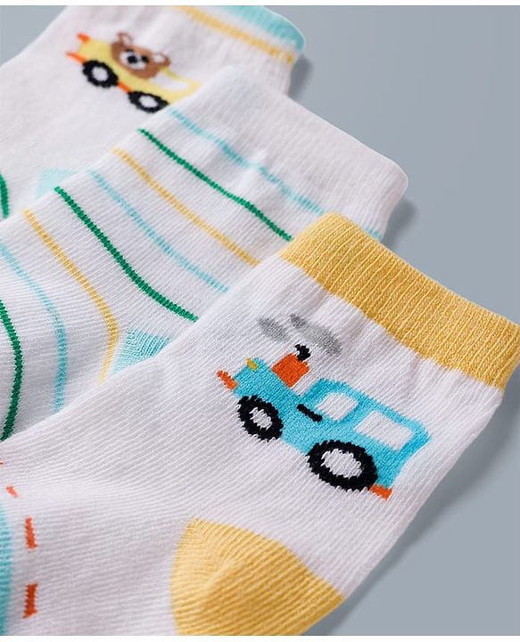 Cute Walk by Babyhug Knit Ankle Length Antibacterial Socks with Stripes & Car Design Pack of 3 - White