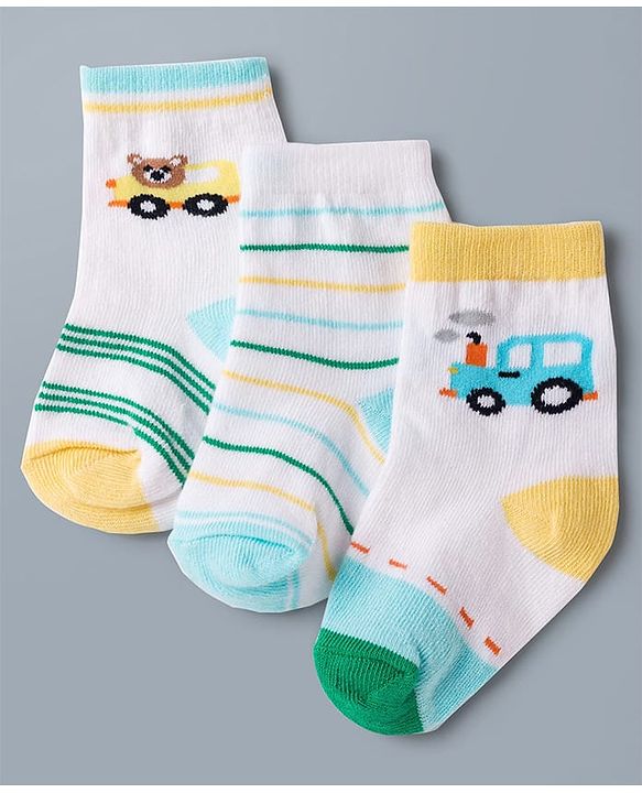 Cute Walk by Babyhug Knit Ankle Length Antibacterial Socks with Stripes & Car Design Pack of 3 - White