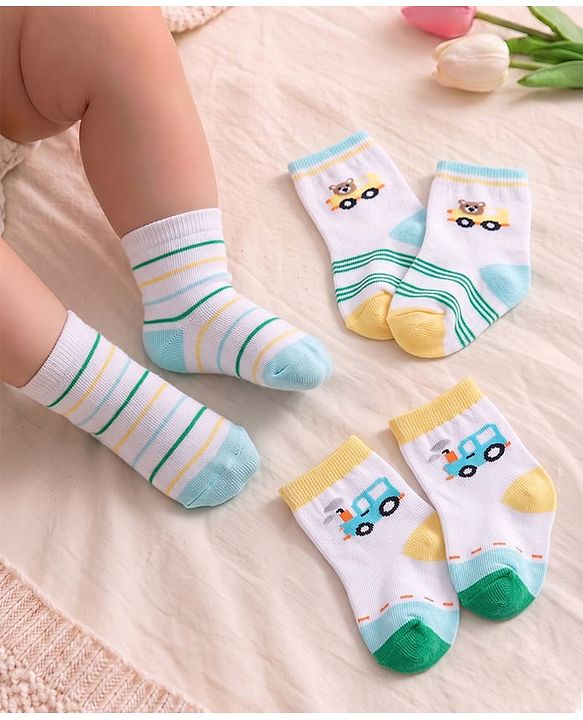 Cute Walk by Babyhug Knit Ankle Length Antibacterial Socks with Stripes & Car Design Pack of 3 - White