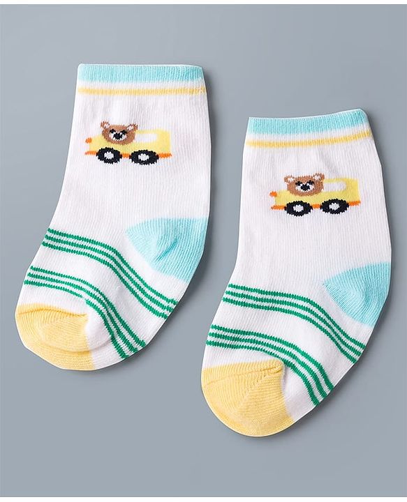 Cute Walk by Babyhug Knit Ankle Length Antibacterial Socks with Stripes & Car Design Pack of 3 - White