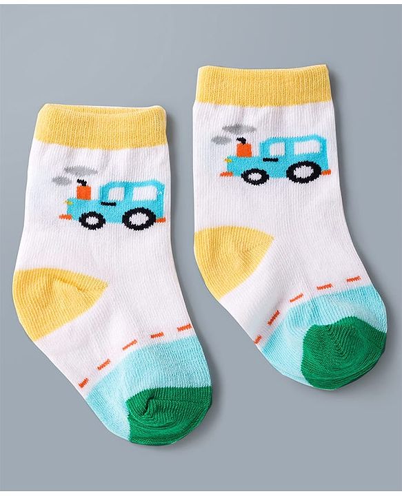 Cute Walk by Babyhug Knit Ankle Length Antibacterial Socks with Stripes & Car Design Pack of 3 - White