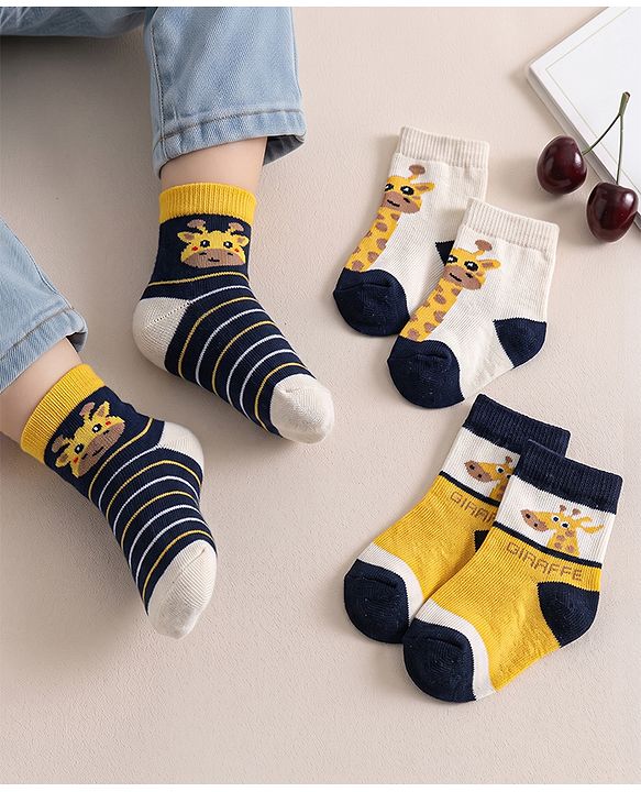 Cute Walk by Babyhug Knit Ankle Length Antibacterial Socks With Giraffe & Striped Design Pack Of 3 - Navy Yellow & White