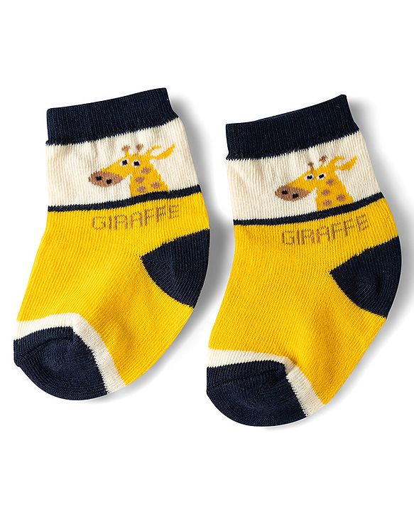 Cute Walk by Babyhug Knit Ankle Length Antibacterial Socks With Giraffe & Striped Design Pack Of 3 - Navy Yellow & White