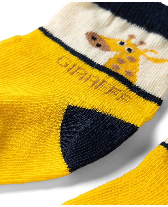 Cute Walk by Babyhug Knit Ankle Length Antibacterial Socks With Giraffe & Striped Design Pack Of 3 - Navy Yellow & White