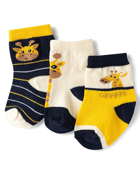 Cute Walk by Babyhug Knit Ankle Length Antibacterial Socks With Giraffe & Striped Design Pack Of 3 - Navy Yellow & White