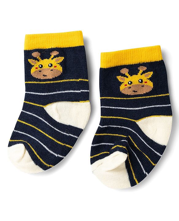 Cute Walk by Babyhug Knit Ankle Length Antibacterial Socks With Giraffe & Striped Design Pack Of 3 - Navy Yellow & White