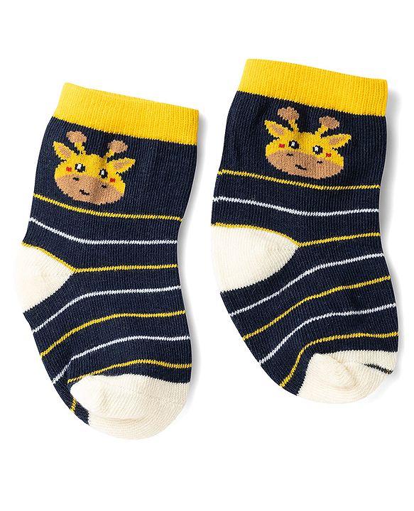 Cute Walk by Babyhug Knit Ankle Length Antibacterial Socks With Giraffe & Striped Design Pack Of 3 - Navy Yellow & White