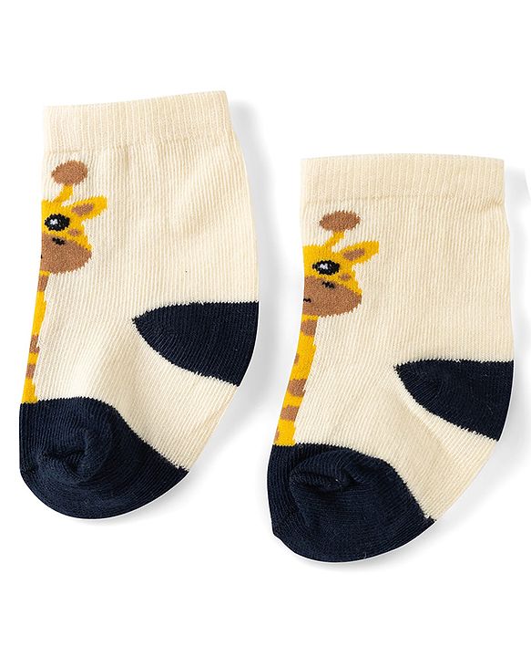 Cute Walk by Babyhug Knit Ankle Length Antibacterial Socks With Giraffe & Striped Design Pack Of 3 - Navy Yellow & White