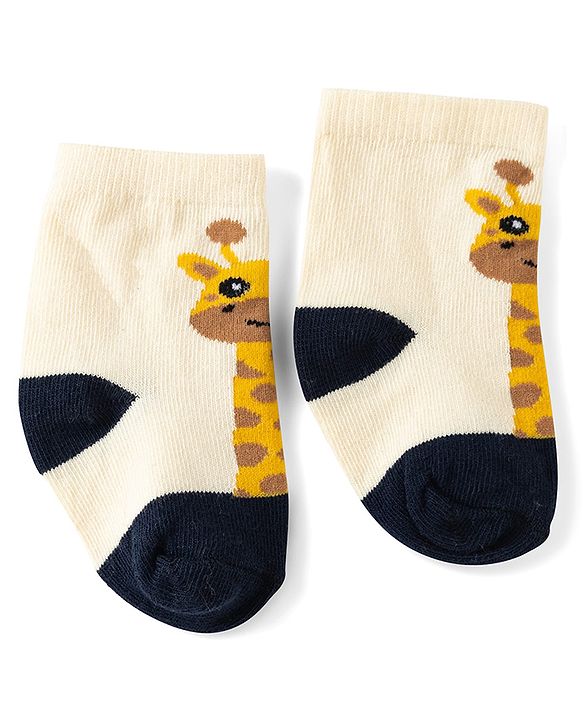 Cute Walk by Babyhug Knit Ankle Length Antibacterial Socks With Giraffe & Striped Design Pack Of 3 - Navy Yellow & White