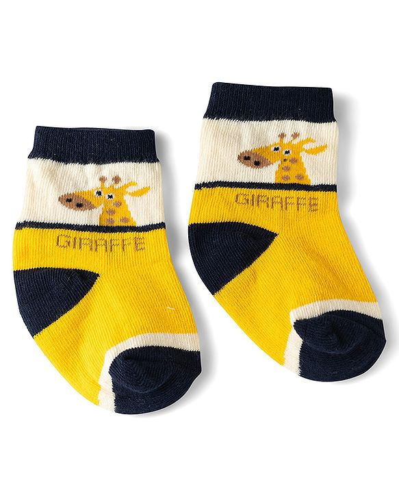 Cute Walk by Babyhug Knit Ankle Length Antibacterial Socks With Giraffe & Striped Design Pack Of 3 - Navy Yellow & White
