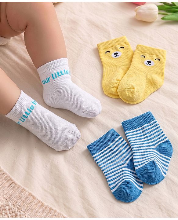 Cute Walk by Babyhug Knit Ankle Length Antibacterial Socks With Bear & Striped Design Pack Of 3 - Yellow Blue & White