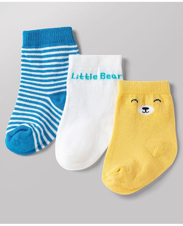 Cute Walk by Babyhug Knit Ankle Length Antibacterial Socks With Bear & Striped Design Pack Of 3 - Yellow Blue & White