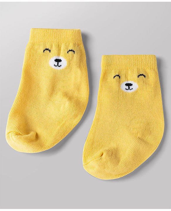 Cute Walk by Babyhug Knit Ankle Length Antibacterial Socks With Bear & Striped Design Pack Of 3 - Yellow Blue & White