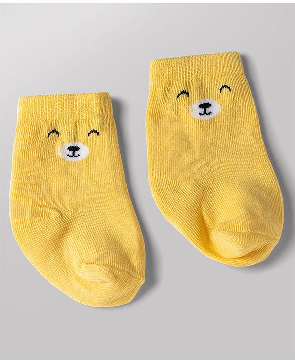 Cute Walk by Babyhug Knit Ankle Length Antibacterial Socks With Bear & Striped Design Pack Of 3 - Yellow Blue & White