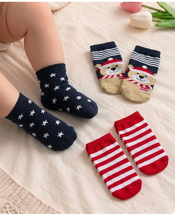 Cute Walk by Babyhug Knit Ankle Length Antibacterial Socks with Stripes & Bear Design Pack of 3 - Navy