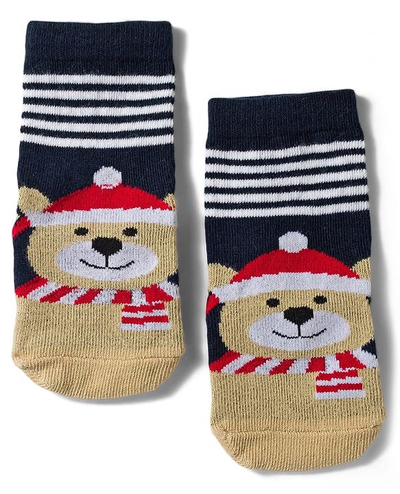 Cute Walk by Babyhug Knit Ankle Length Antibacterial Socks with Stripes & Bear Design Pack of 3 - Navy