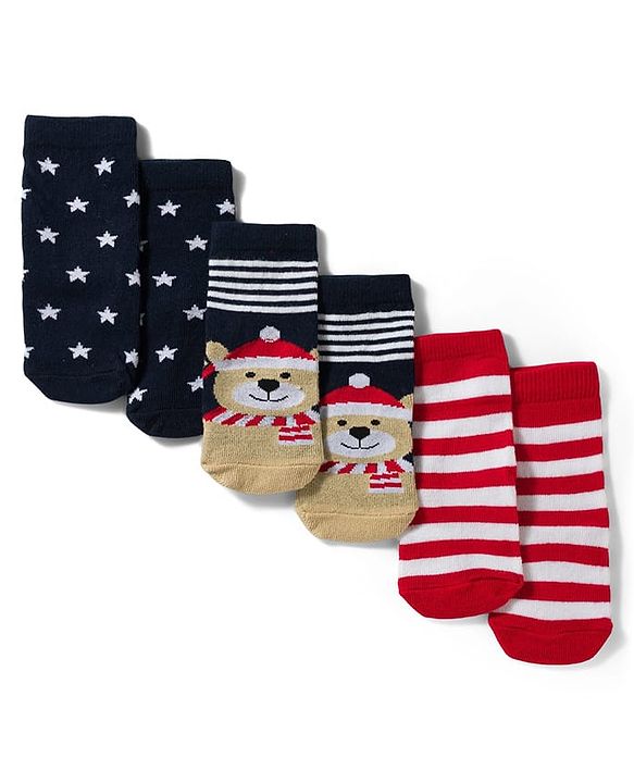 Cute Walk by Babyhug Knit Ankle Length Antibacterial Socks with Stripes & Bear Design Pack of 3 - Navy