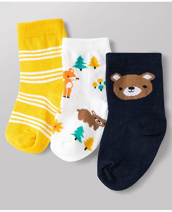 Cute Walk by Babyhug Non Terry Knit Anti-bacterial Ankle Length Striped Socks With Animal Design Pack of 3 -  Black, White & Yellow