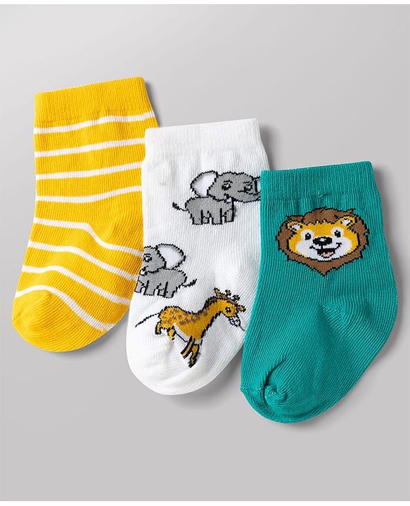 Cute Walk by Babyhug Non Terry Knit Anti-bacterial Ankle Length Striped Socks With Animal Design Pack of 3 - Green, White & Yellow