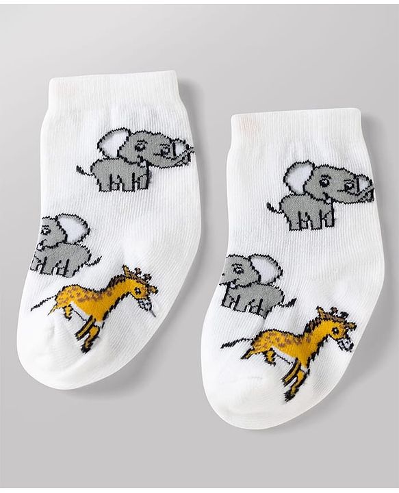 Cute Walk by Babyhug Non Terry Knit Anti-bacterial Ankle Length Striped Socks With Animal Design Pack of 3 - Green, White & Yellow