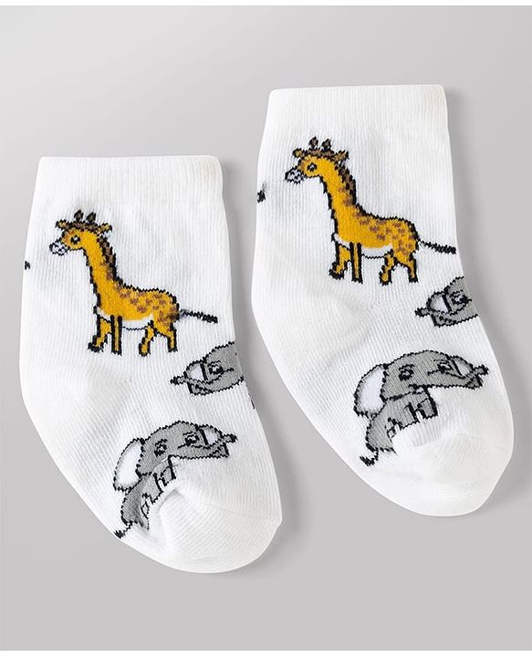 Cute Walk by Babyhug Non Terry Knit Anti-bacterial Ankle Length Striped Socks With Animal Design Pack of 3 - Green, White & Yellow