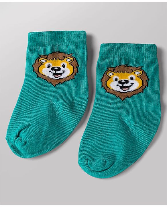 Cute Walk by Babyhug Non Terry Knit Anti-bacterial Ankle Length Striped Socks With Animal Design Pack of 3 - Green, White & Yellow