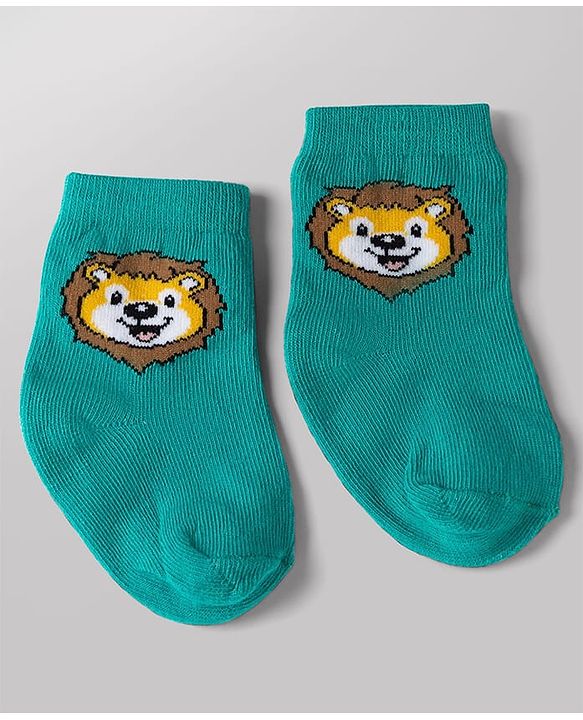 Cute Walk by Babyhug Non Terry Knit Anti-bacterial Ankle Length Striped Socks With Animal Design Pack of 3 - Green, White & Yellow
