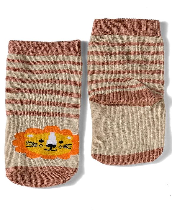Cute Walk by Babyhug Knit Ankle Length Antibacterial Socks with Stripes & Animals Design Pack of 3 - White & Orange