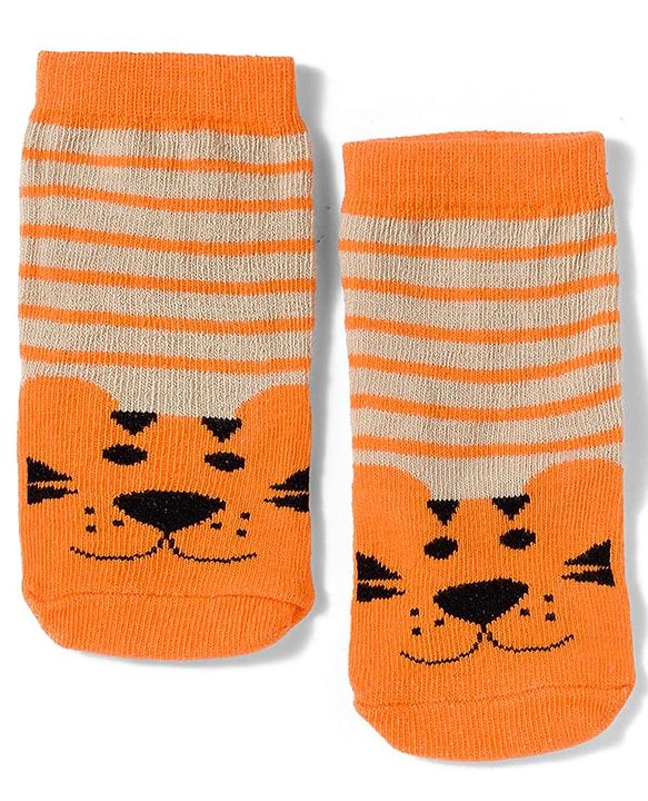 Cute Walk by Babyhug Knit Ankle Length Antibacterial Socks with Stripes & Animals Design Pack of 3 - White & Orange