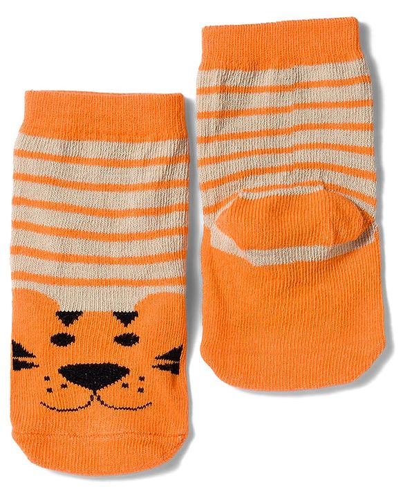 Cute Walk by Babyhug Knit Ankle Length Antibacterial Socks with Stripes & Animals Design Pack of 3 - White & Orange