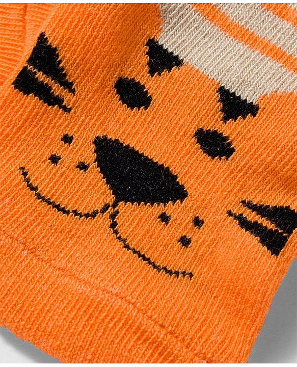 Cute Walk by Babyhug Knit Ankle Length Antibacterial Socks with Stripes & Animals Design Pack of 3 - White & Orange