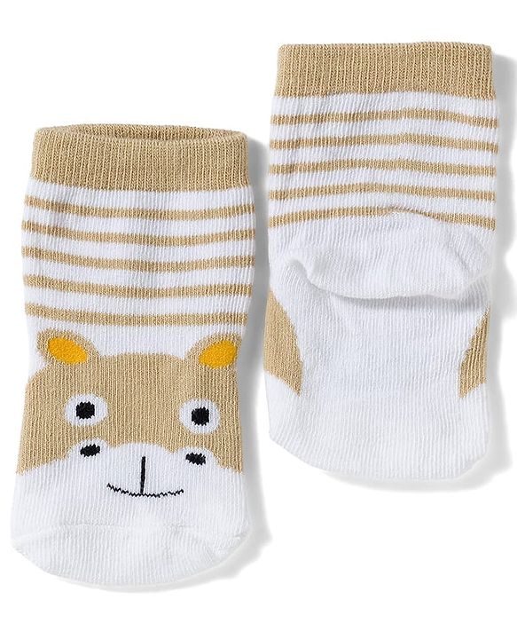 Cute Walk by Babyhug Knit Ankle Length Antibacterial Socks with Stripes & Animals Design Pack of 3 - White & Orange