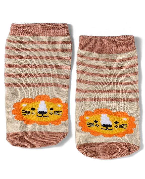 Cute Walk by Babyhug Knit Ankle Length Antibacterial Socks with Stripes & Animals Design Pack of 3 - White & Orange