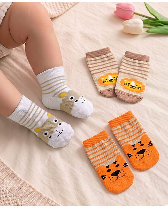 Cute Walk by Babyhug Knit Ankle Length Antibacterial Socks with Stripes & Animals Design Pack of 3 - White & Orange