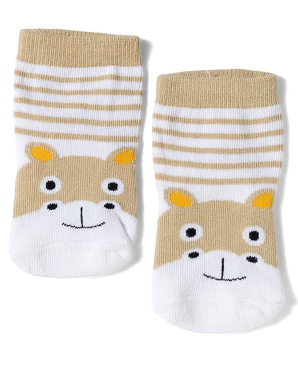 Cute Walk by Babyhug Knit Ankle Length Antibacterial Socks with Stripes & Animals Design Pack of 3 - White & Orange