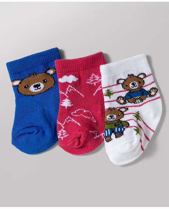 Cute Walk by Babyhug Knit Ankle Length Antibacterial Socks with Bear Design Pack of 3 - Blue & Red