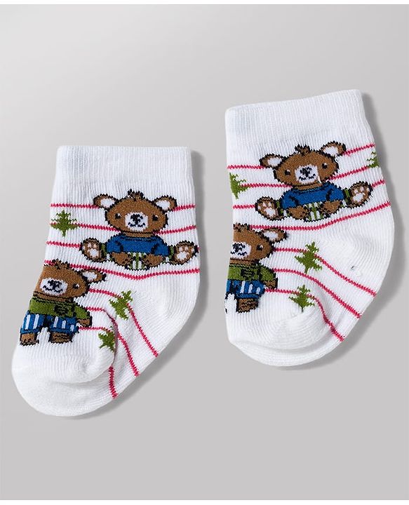Cute Walk by Babyhug Knit Ankle Length Antibacterial Socks with Bear Design Pack of 3 - Blue & Red