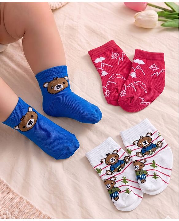 Cute Walk by Babyhug Knit Ankle Length Antibacterial Socks with Bear Design Pack of 3 - Blue & Red
