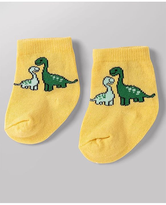 Cute Walk by Babyhug Non Terry Knit Anti-bacterial Ankle Length Striped Socks With Dino Design Pack of 3 - Green, White & Yellow