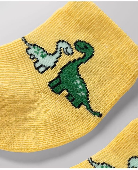 Cute Walk by Babyhug Non Terry Knit Anti-bacterial Ankle Length Striped Socks With Dino Design Pack of 3 - Green, White & Yellow