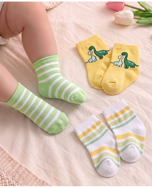 Cute Walk by Babyhug Non Terry Knit Anti-bacterial Ankle Length Striped Socks With Dino Design Pack of 3 - Green, White & Yellow