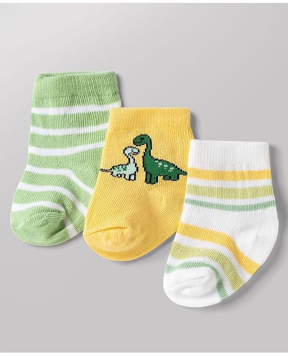 Cute Walk by Babyhug Non Terry Knit Anti-bacterial Ankle Length Striped Socks With Dino Design Pack of 3 - Green, White & Yellow