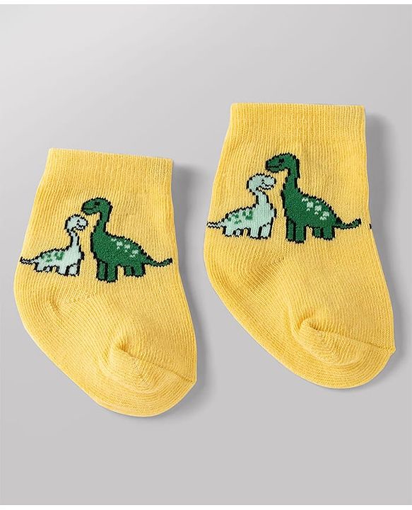Cute Walk by Babyhug Non Terry Knit Anti-bacterial Ankle Length Striped Socks With Dino Design Pack of 3 - Green, White & Yellow