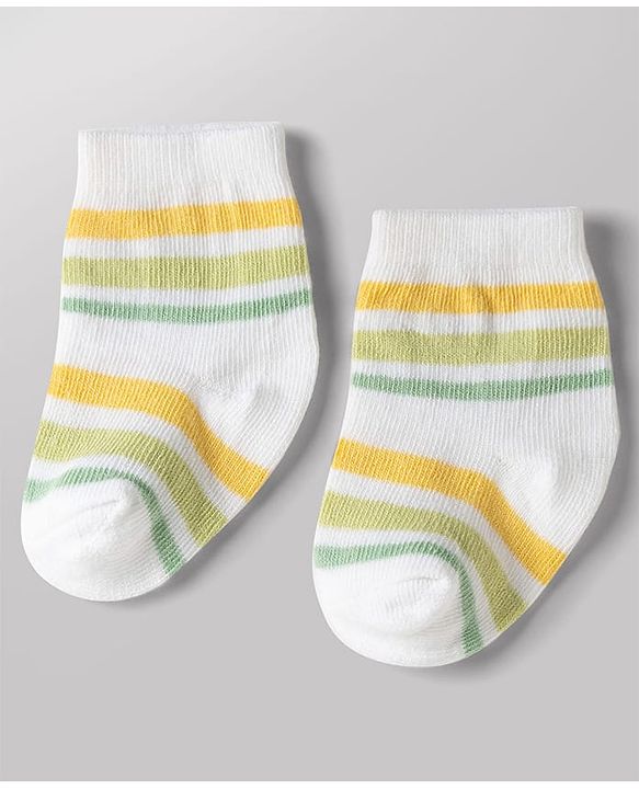 Cute Walk by Babyhug Non Terry Knit Anti-bacterial Ankle Length Striped Socks With Dino Design Pack of 3 - Green, White & Yellow