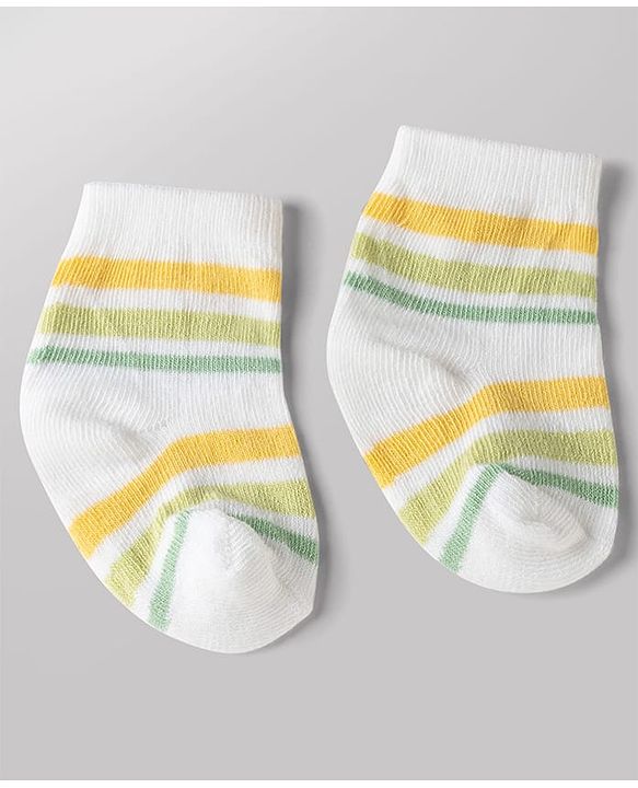 Cute Walk by Babyhug Non Terry Knit Anti-bacterial Ankle Length Striped Socks With Dino Design Pack of 3 - Green, White & Yellow