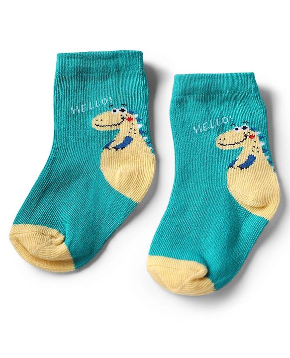 Cute Walk by Babyhug Non Terry Knit Anti-Bacterial Ankle Length Socks With Dino & Text Design Pack of 3 - Beige, Green & Navy Blue