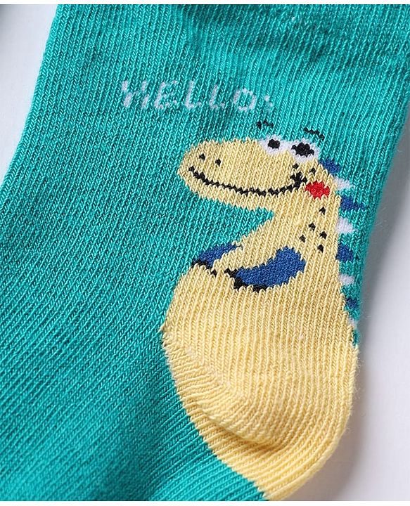 Cute Walk by Babyhug Non Terry Knit Anti-Bacterial Ankle Length Socks With Dino & Text Design Pack of 3 - Beige, Green & Navy Blue